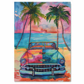 Watercolor Painting of Retro Car on Tropical Beach at Sunset with Palm Trees and Ocean Horizon on Ready to Hang 1.5" Thick Canvas Wrap, Floating Framed Canvas, Flat Rolled Canvas